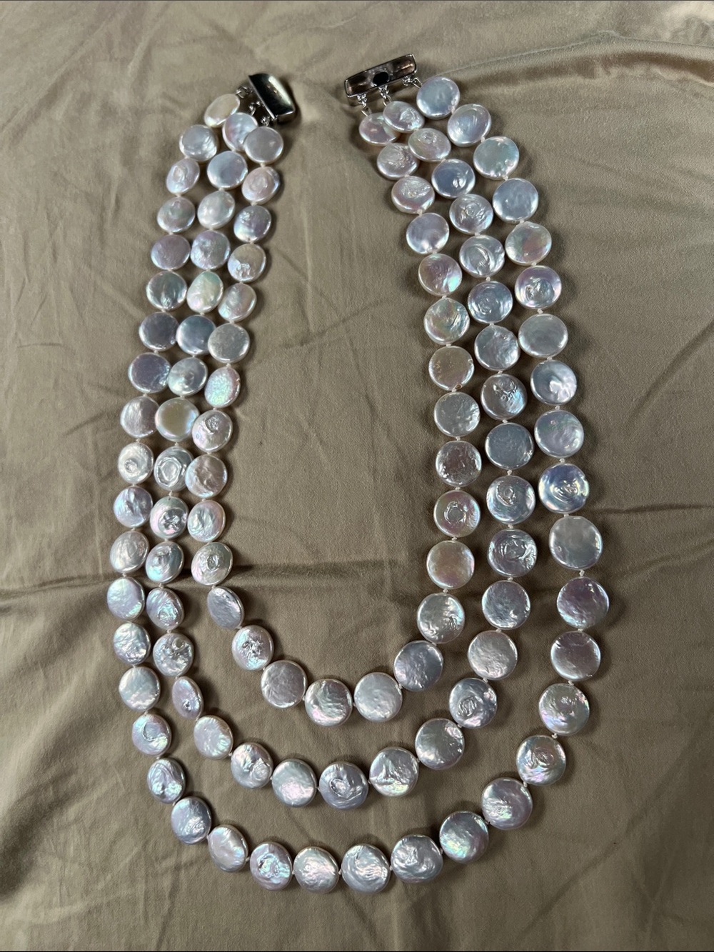 Vintage 925 Triple Strand Iridescent Coin Pearl Necklace